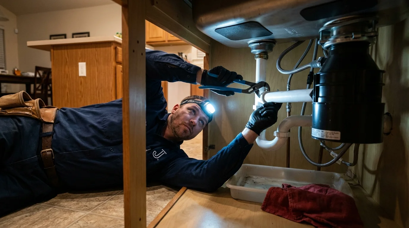 P-trap and supply line connections under a kitchen sink showing a common leak point in Pomeroy, WA